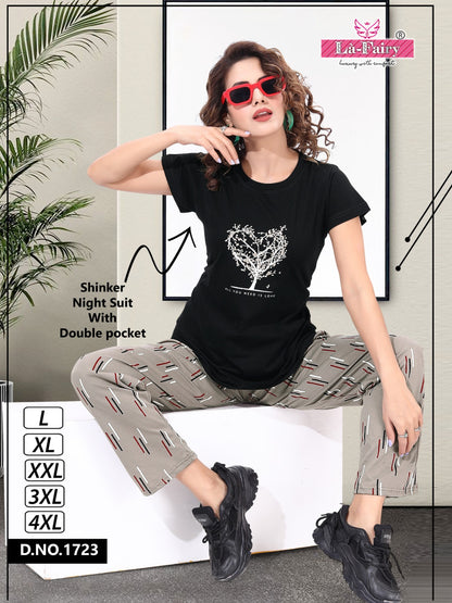 Plain-Print Design 1723 La Fairy Hosiery Sinker Pyjama Night Suits Wholesaler Ahmedabad