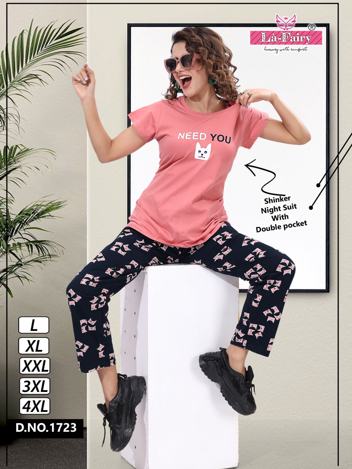 Plain-Print Design 1723 La Fairy Hosiery Sinker Pyjama Night Suits Wholesaler Ahmedabad