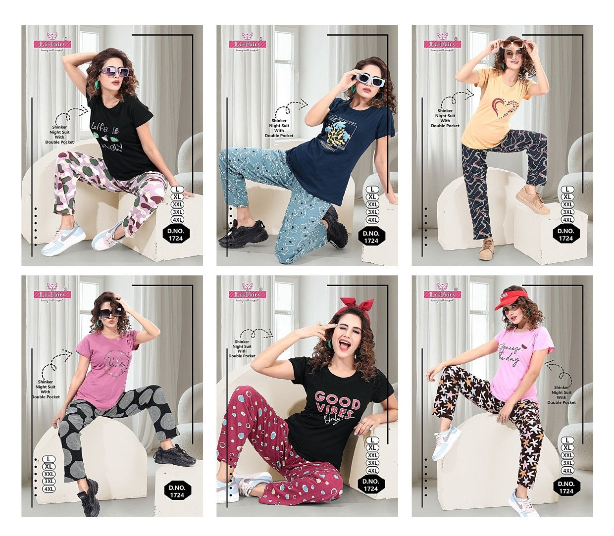 Plain-Print Design 1724 La Fairy Sinker Pyjama Night Suits Wholesaler Ahmedabad