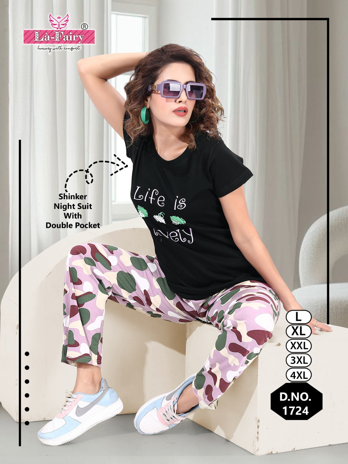 Plain-Print Design 1724 La Fairy Sinker Pyjama Night Suits Wholesaler Ahmedabad