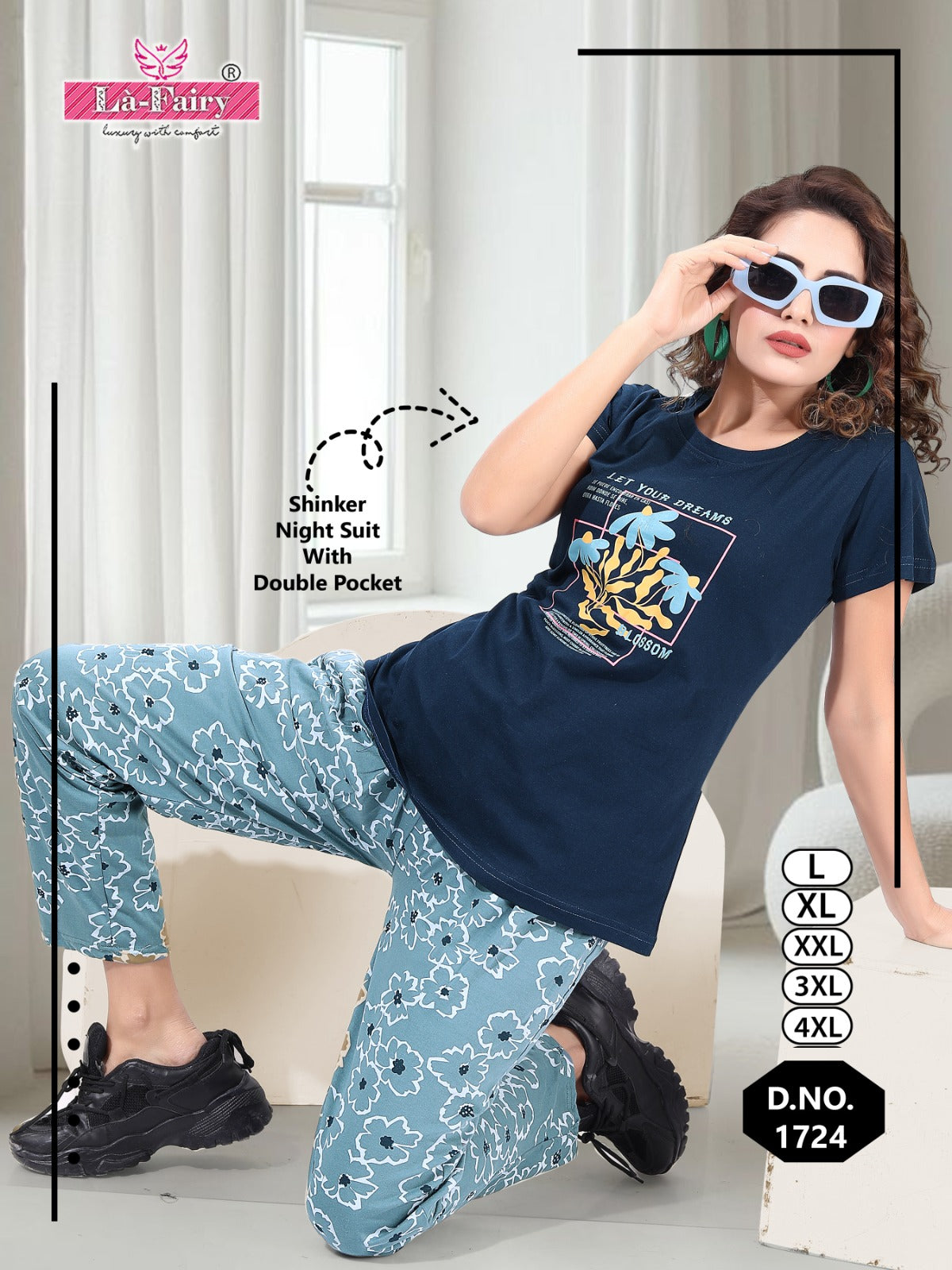 Plain-Print Design 1724 La Fairy Sinker Pyjama Night Suits Wholesaler Ahmedabad