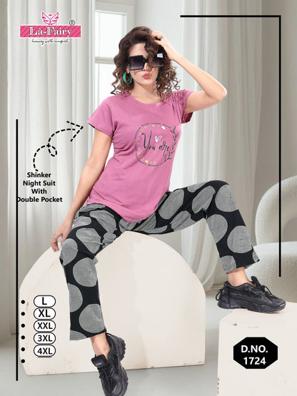 Plain-Print Design 1724 La Fairy Sinker Pyjama Night Suits Wholesaler Ahmedabad