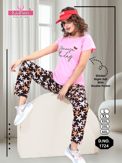 Plain-Print Design 1724 La Fairy Sinker Pyjama Night Suits Wholesaler Ahmedabad