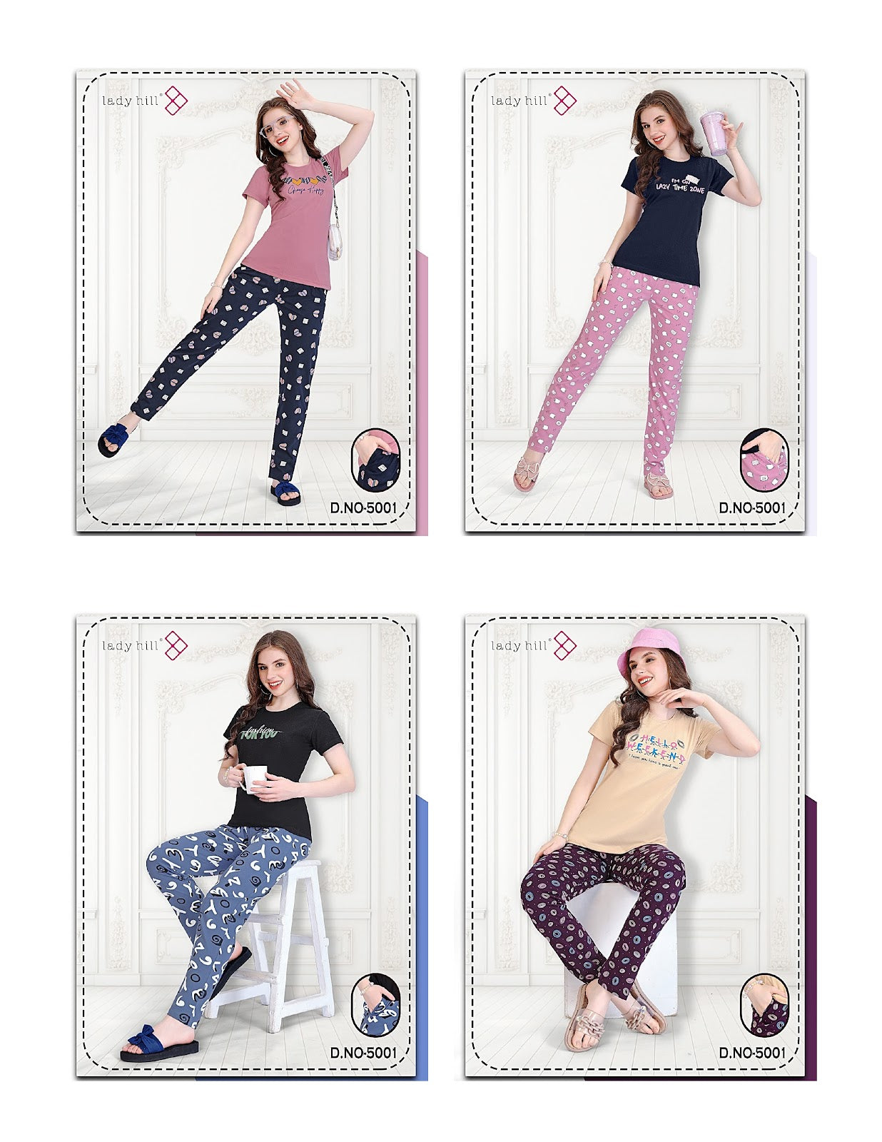 Plain-Print Design 5001 Lady Hill Hosiery Pyjama Night Suits Wholesale Rate