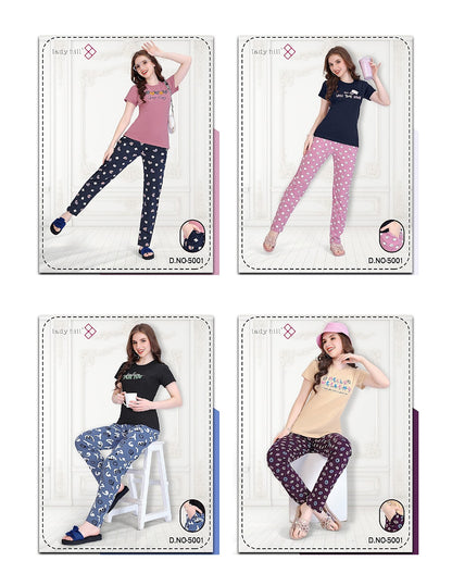 Plain-Print Design 5001 Lady Hill Hosiery Pyjama Night Suits Wholesale Rate