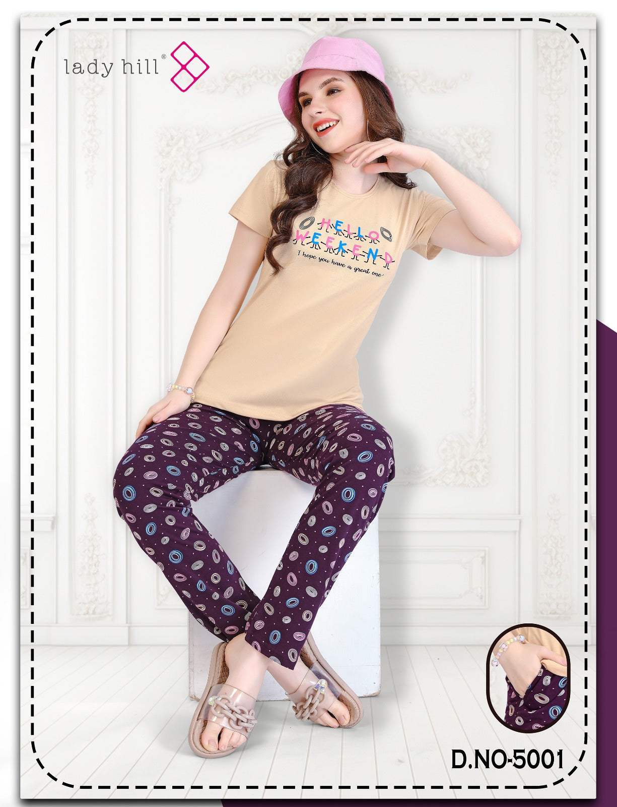 Plain-Print Design 5001 Lady Hill Hosiery Pyjama Night Suits Wholesale Rate