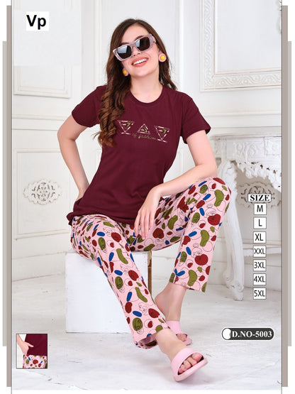 Plain-Print Design 5003 Vp Biowash Pyjama Night Suits Wholesale Rate