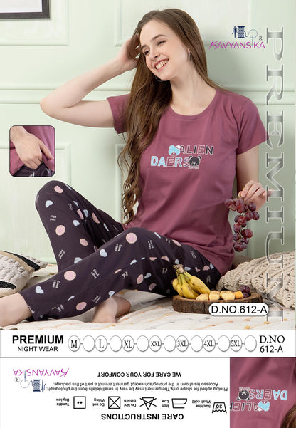 Plain-Print Design 612 Kavyansika Hosiery Pyjama Night Suits Exporter Gujarat