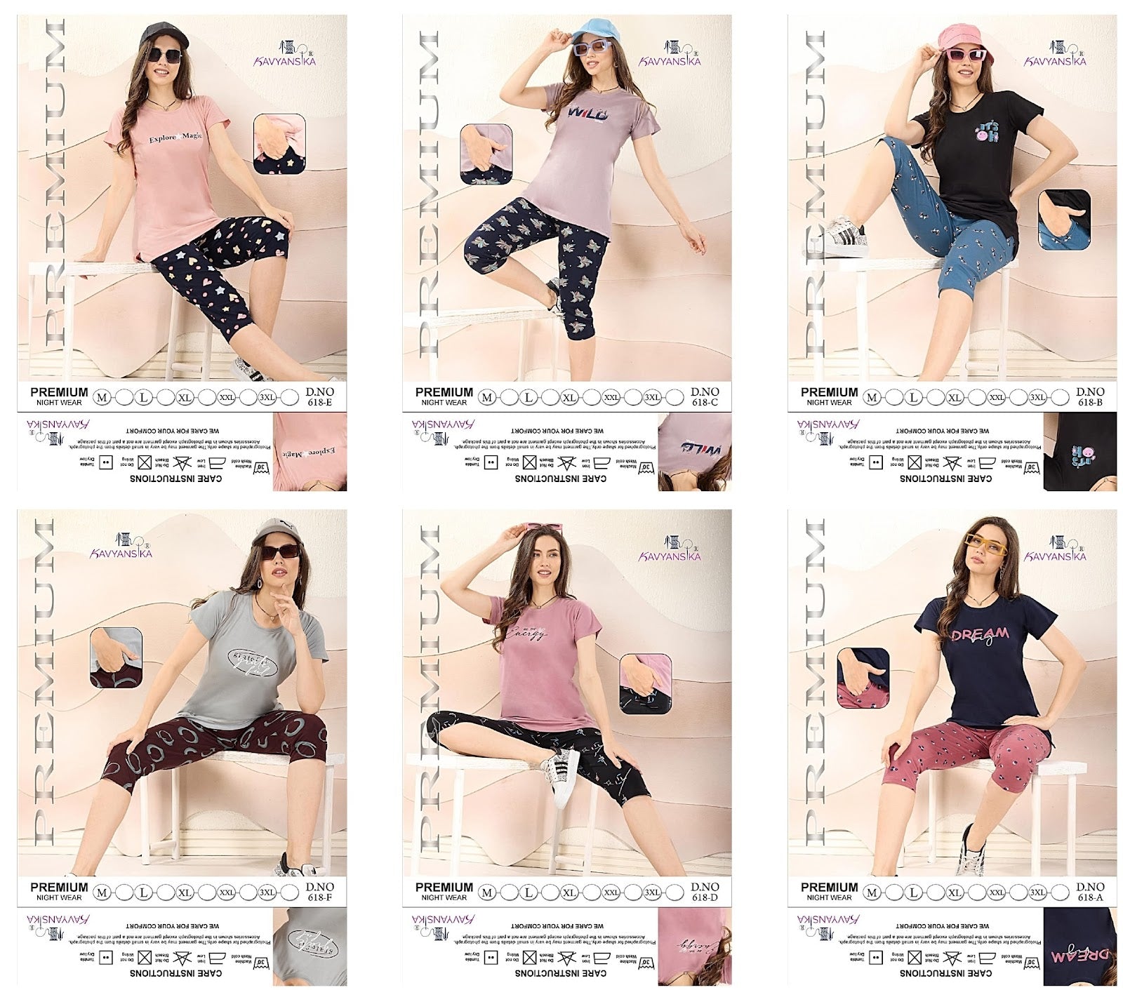 Plain-Print Design 618 Kavyansika Hosiery Cotton Capri Night Suits Exporter Ahmedabad