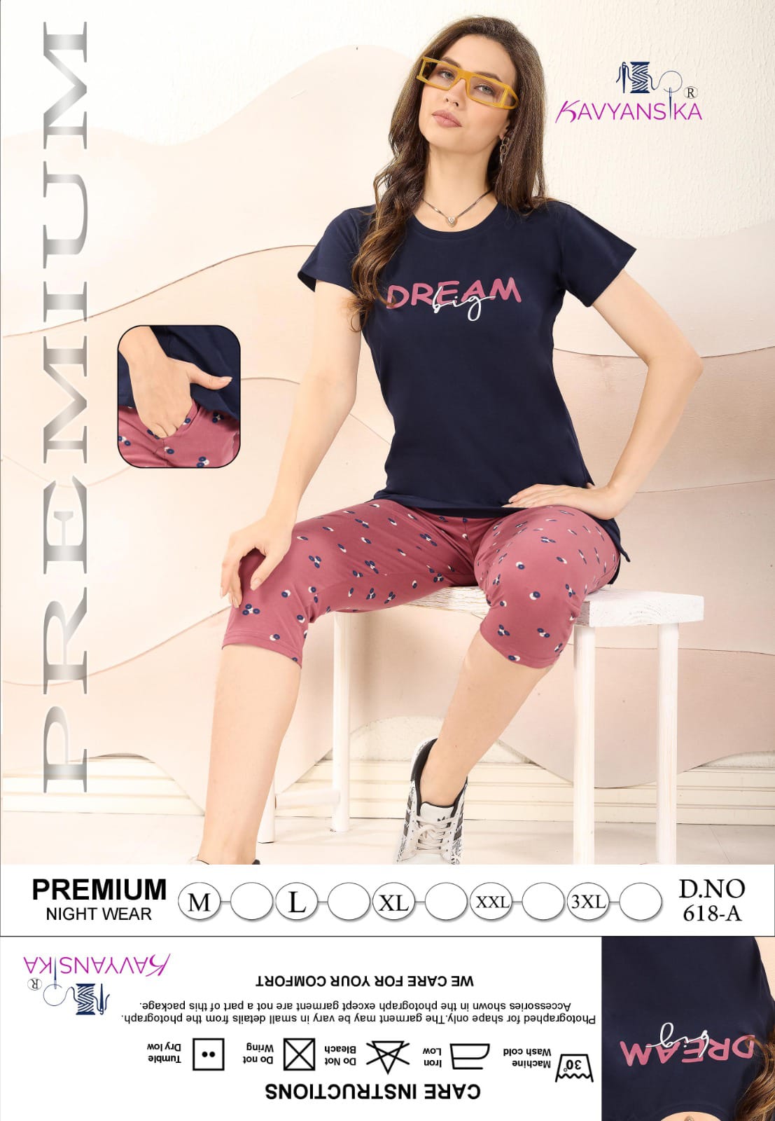 Plain-Print Design 618 Kavyansika Hosiery Cotton Capri Night Suits Exporter Ahmedabad