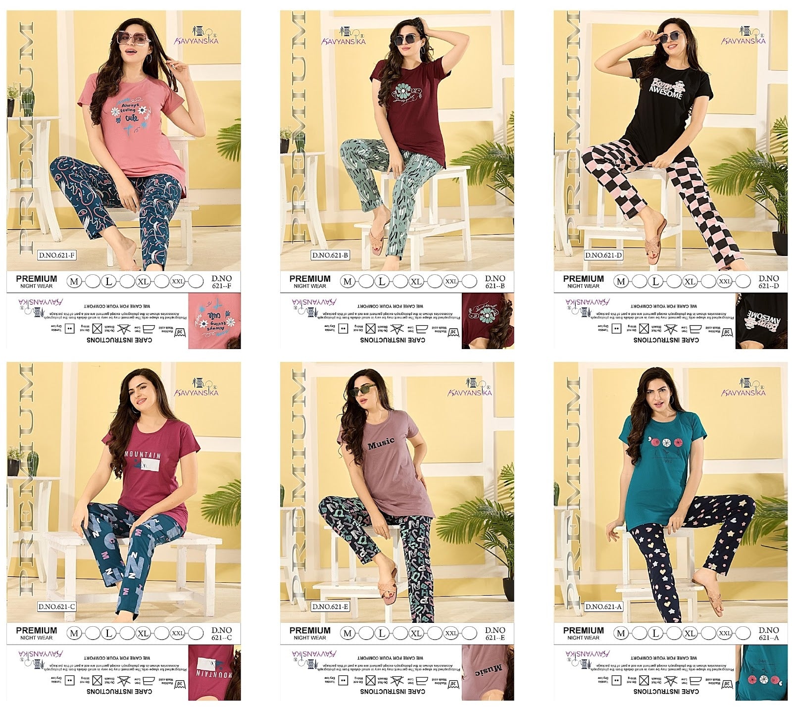 Plain-Print Design 621 Kavyansika Cotton Pyjama Night Suits Manufacturer India