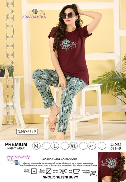 Plain-Print Design 621 Kavyansika Cotton Pyjama Night Suits Manufacturer India