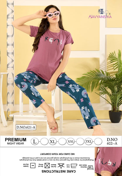 Plain-Print Design 622 Kavyansika Hosiery Pyjama Night Suits Manufacturer India