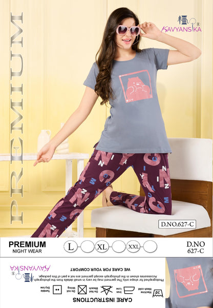 Plain-Print Design 627 Kavyansika Hosiery Cotton Pyjama Night Suits Wholesale Rate