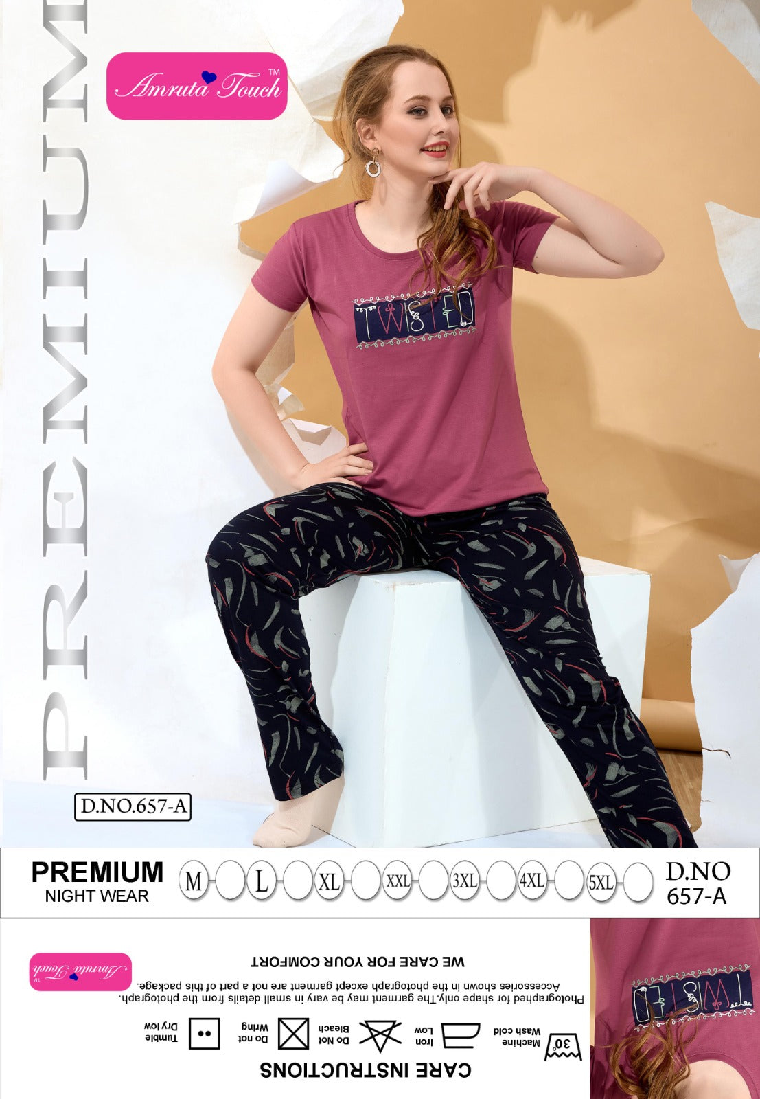 Plain-Print Design 657 Amruta Touch Kavyansika Hosiery Cotton Pyjama Night Suits Wholesale Price