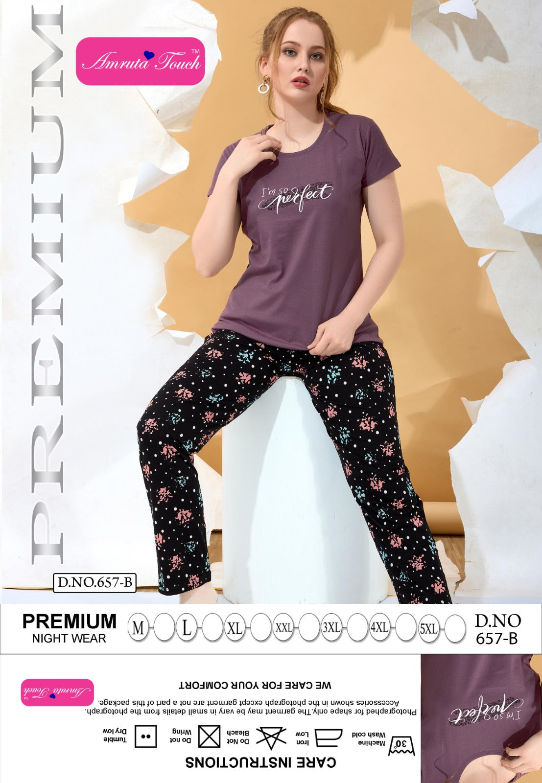 Plain-Print Design 657 Amruta Touch Kavyansika Hosiery Cotton Pyjama Night Suits Wholesale Price