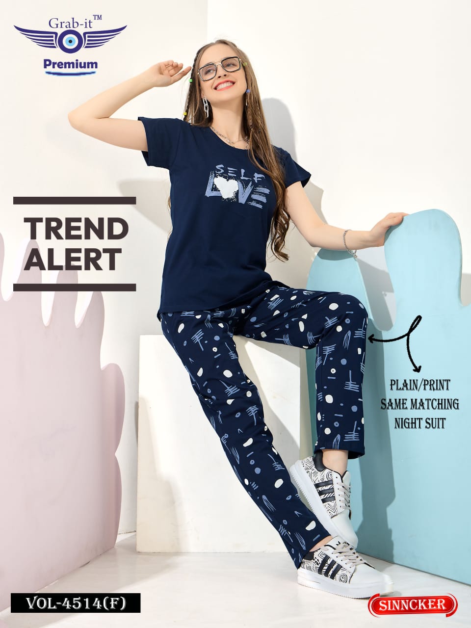 Plain-Print Vol 4514 F Grab It Sinker Pyjama Night Suits Wholesaler Ahmedabad