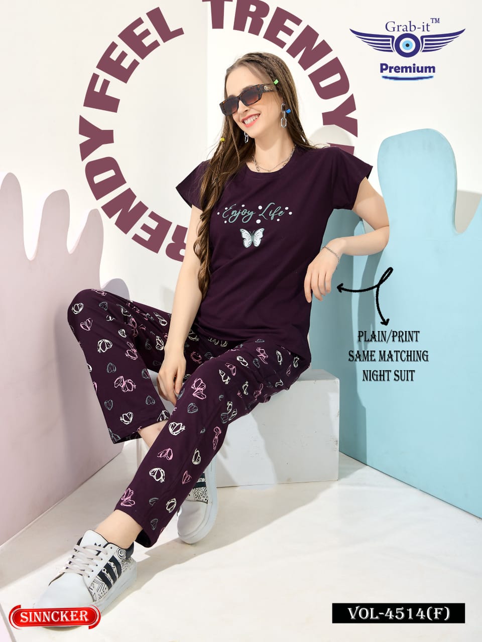 Plain-Print Vol 4514 F Grab It Sinker Pyjama Night Suits Wholesaler Ahmedabad