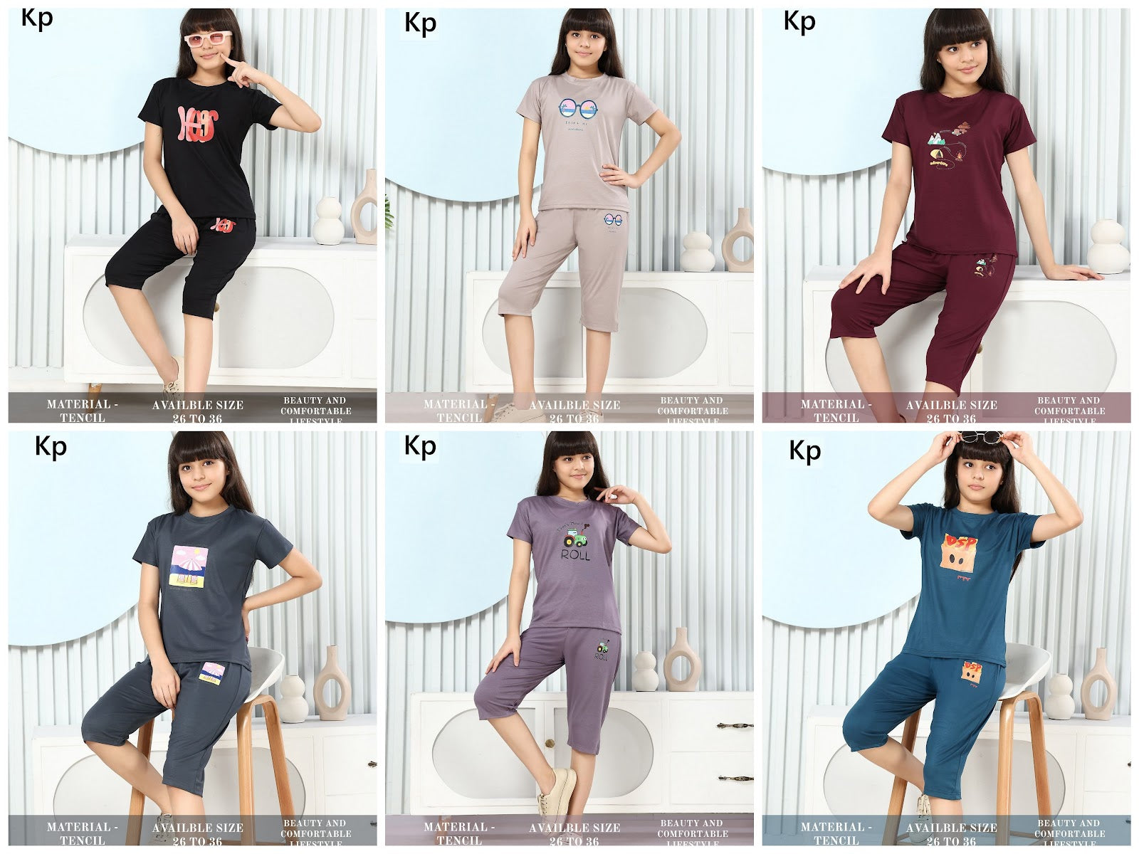 Plain 280526 Kp Tencil Girls Capri Night Suits Supplier Ahmedabad