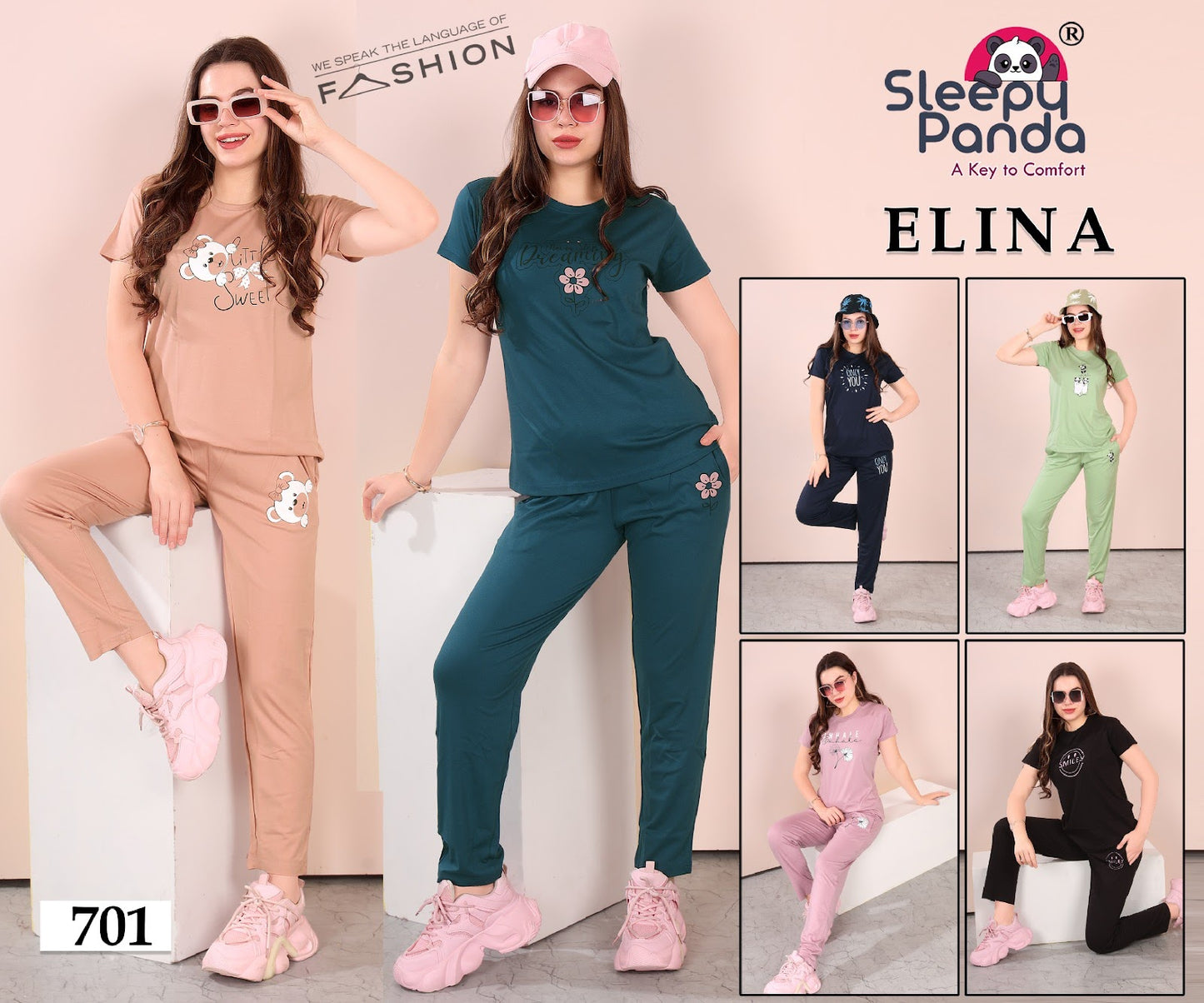 Plain 701 Elina Sleepy Panda Cotton Pyjama Night Suits Supplier India