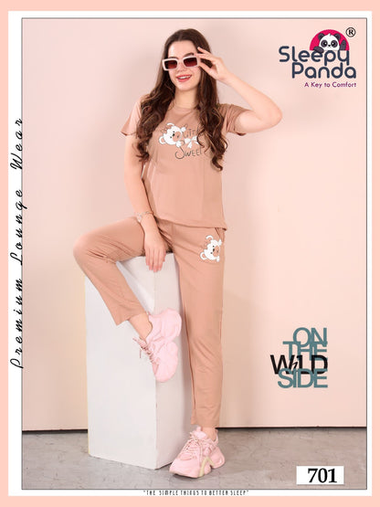 Plain 701 Elina Sleepy Panda Cotton Pyjama Night Suits Supplier India