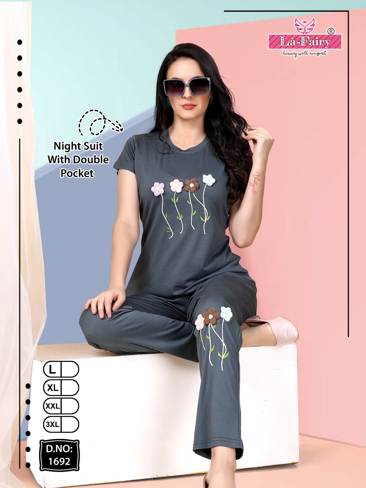 Plain Design 1692 La Fairy Tencil Pyjama Night Suits Wholesale