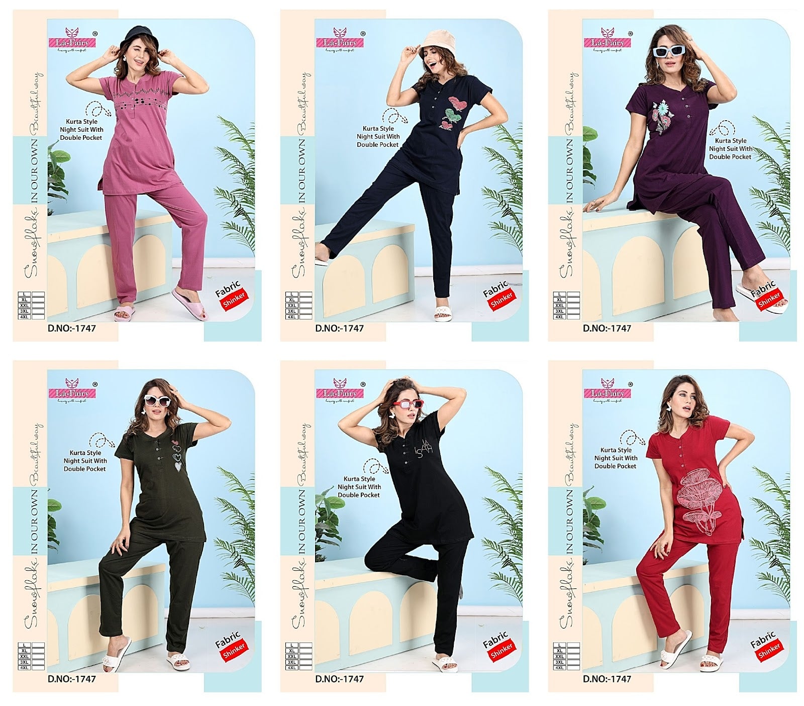 Plain Design 1747 La Fairy Hosiery Sinker Kurta Night Suits Manufacturer