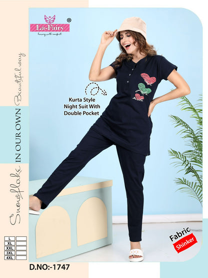 Plain Design 1747 La Fairy Hosiery Sinker Kurta Night Suits Manufacturer