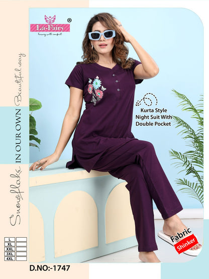 Plain Design 1747 La Fairy Hosiery Sinker Kurta Night Suits Manufacturer