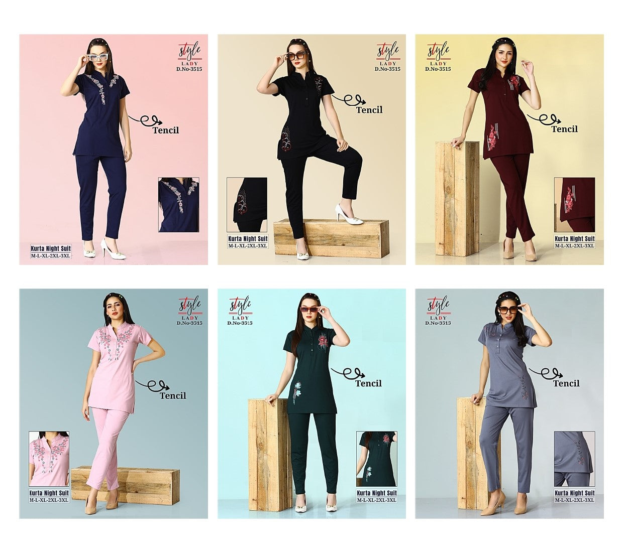 Plain Design 3515 Ladys Imported Kurta Night Suits Wholesaler India