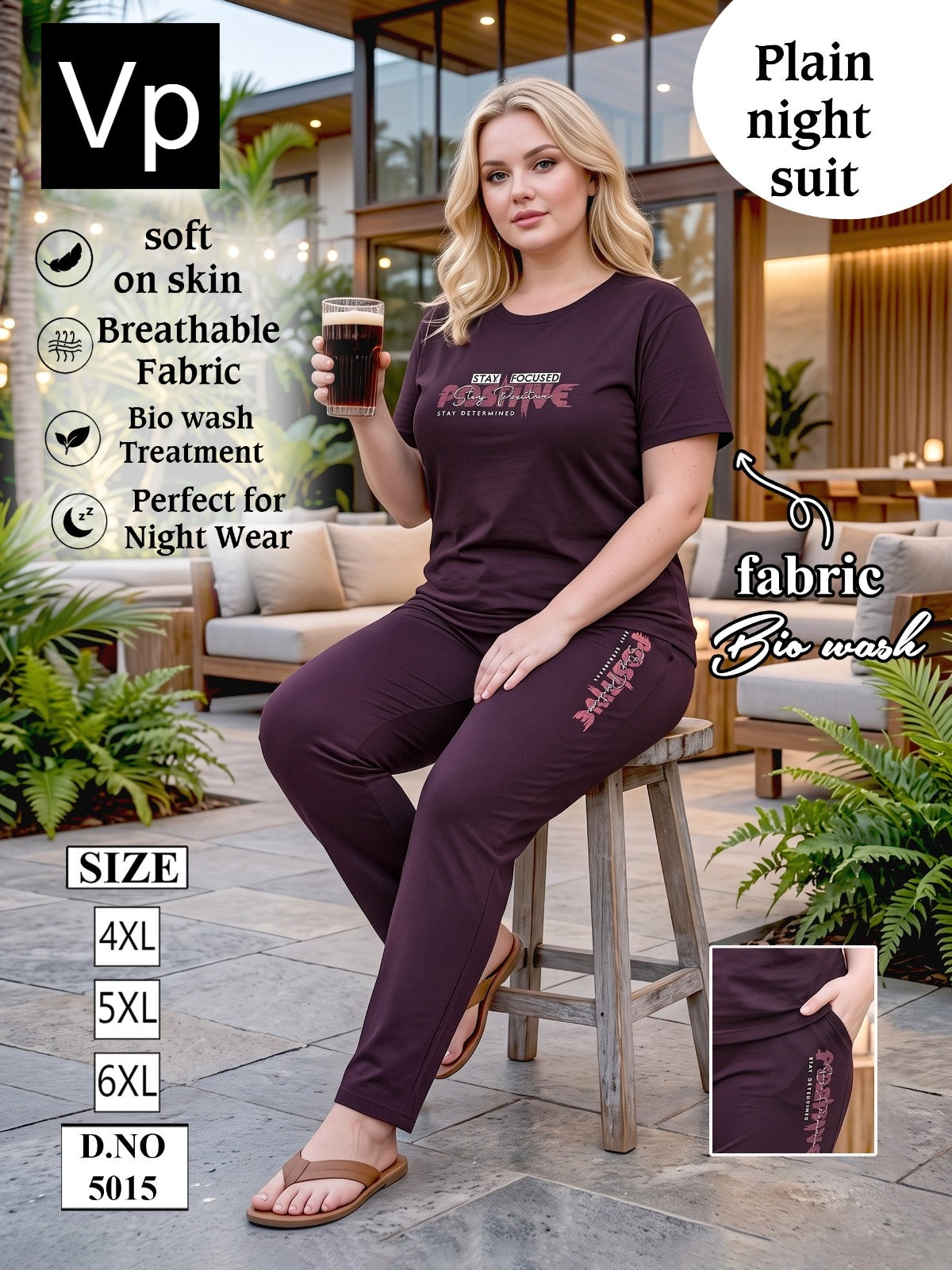 Plain Plus Size 5015 Vp Biowash Pyjama Night Suits Supplier