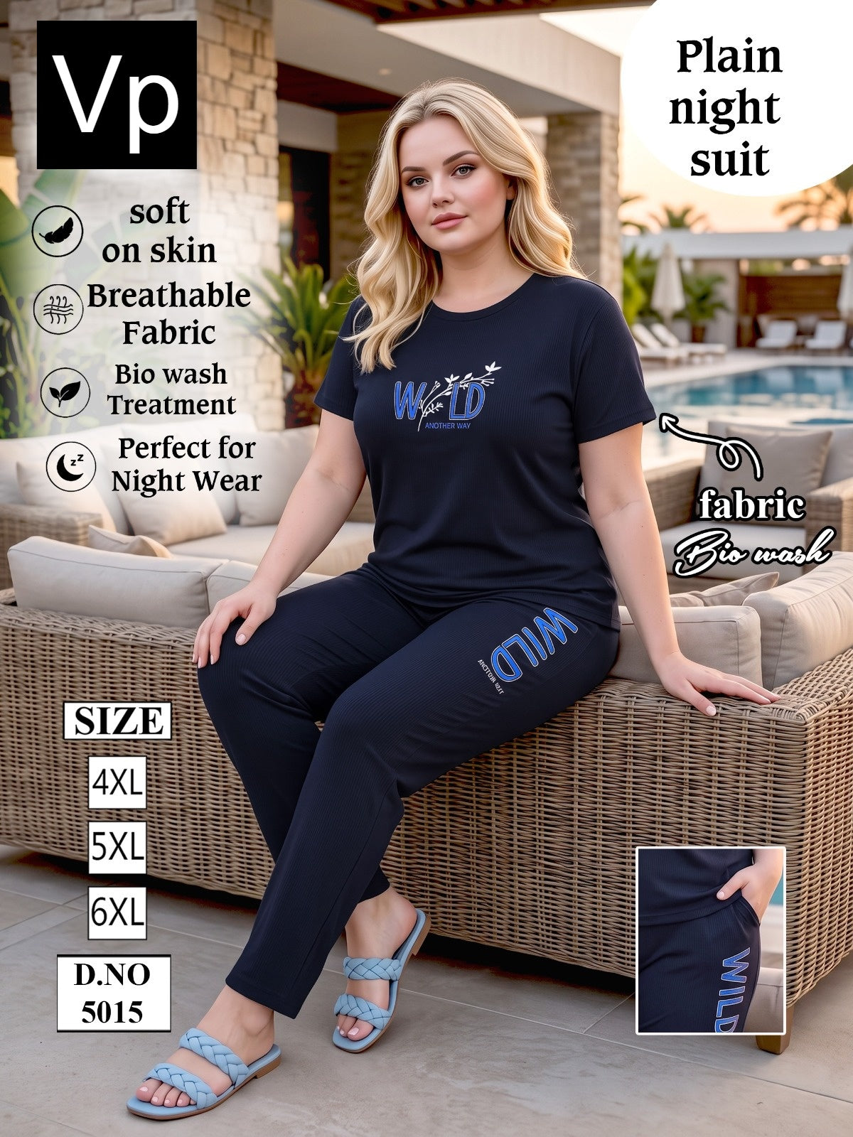 Plain Plus Size 5015 Vp Biowash Pyjama Night Suits Supplier