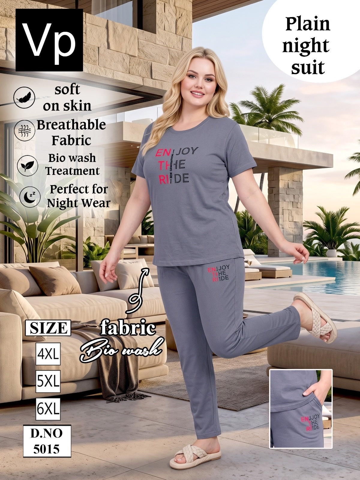 Plain Plus Size 5015 Vp Biowash Pyjama Night Suits Supplier
