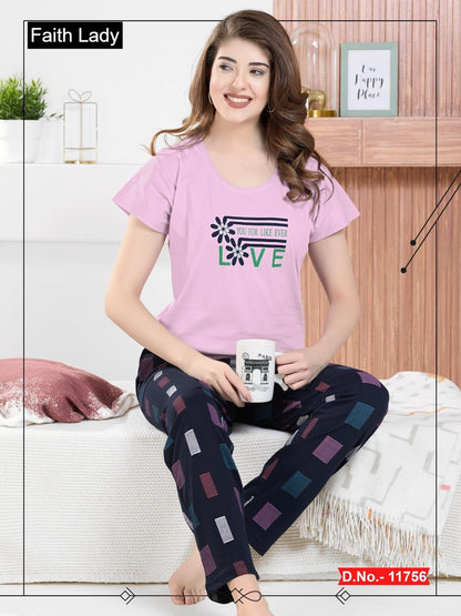 Plain Print 1511 Faith Lady Hosiery Cotton Pyjama Night Suits Wholesaler Ahmedabad