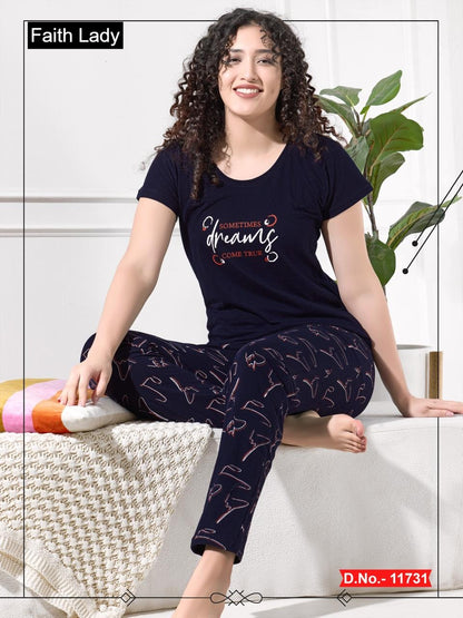 Plain Print 1511 Faith Lady Hosiery Cotton Pyjama Night Suits Wholesaler Ahmedabad