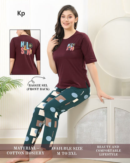 Plain Print 291125 Kp Hosiery Cotton Pyjama Night Suits Exporter India