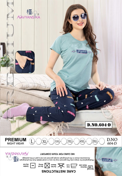 Plain Print Design 604 Kavyansika Hosiery Cotton Pyjama Night Suits Wholesaler Ahmedabad