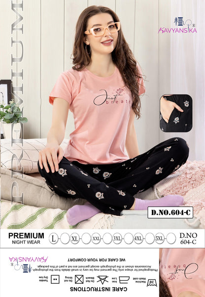 Plain Print Design 604 Kavyansika Hosiery Cotton Pyjama Night Suits Wholesaler Ahmedabad