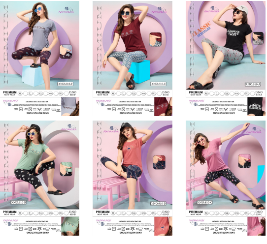 Plain Print Design 610 Kavyansika Hosiery Cotton Capri Night Suits Supplier Gujarat