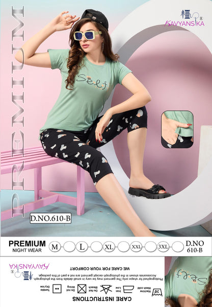 Plain Print Design 610 Kavyansika Hosiery Cotton Capri Night Suits Supplier Gujarat