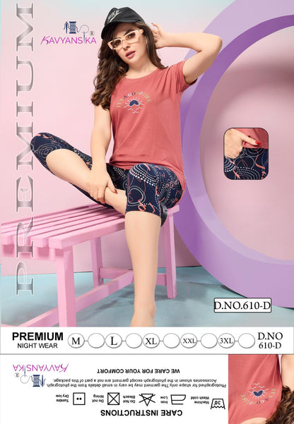 Plain Print Design 610 Kavyansika Hosiery Cotton Capri Night Suits Supplier Gujarat