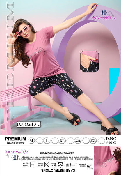 Plain Print Design 610 Kavyansika Hosiery Cotton Capri Night Suits Supplier Gujarat