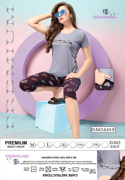 Plain Print Design 610 Kavyansika Hosiery Cotton Capri Night Suits Supplier Gujarat
