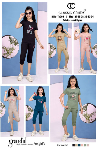 Plain Th209 Classic Candy Tencil Lycra Girls Capri Night Suits Exporter India