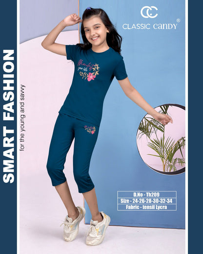 Plain Th209 Classic Candy Tencil Lycra Girls Capri Night Suits Exporter India