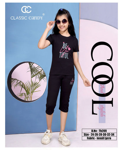 Plain Th209 Classic Candy Tencil Lycra Girls Capri Night Suits Exporter India