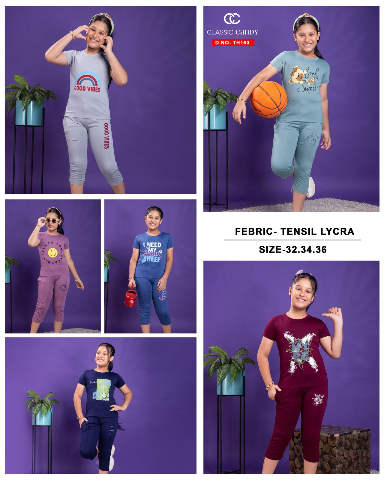 Plain Th 193 Classic Candy Tencil Lycra Girls Capri Night Suits Wholesale Price