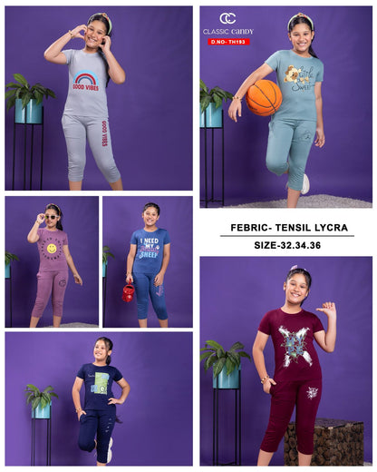 Plain Th 193 Classic Candy Tencil Lycra Girls Capri Night Suits Wholesale Price