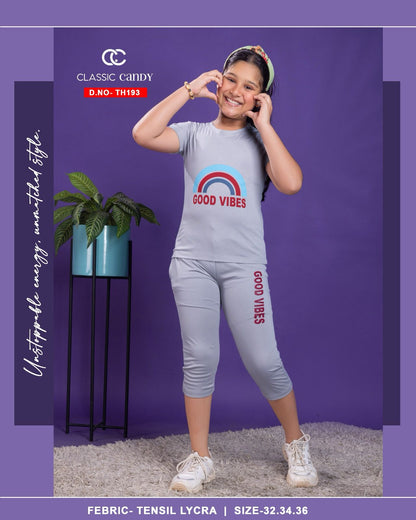 Plain Th 193 Classic Candy Tencil Lycra Girls Capri Night Suits Wholesale Price