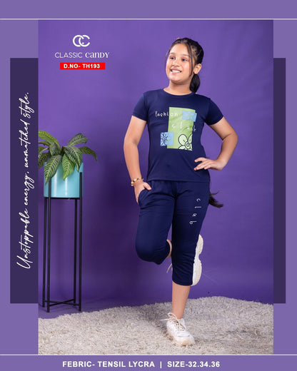 Plain Th 193 Classic Candy Tencil Lycra Girls Capri Night Suits Wholesale Price